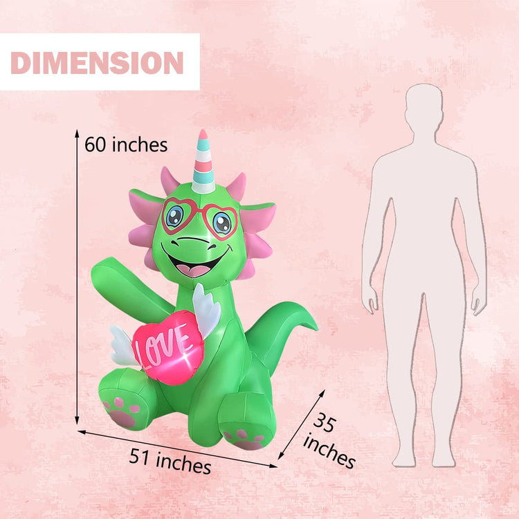 5 FT Valentine Inflatable Dragon Holding Flying Heart LED Lighted Decoration for Birthday Wedding Yard Lawn Garden Home Party