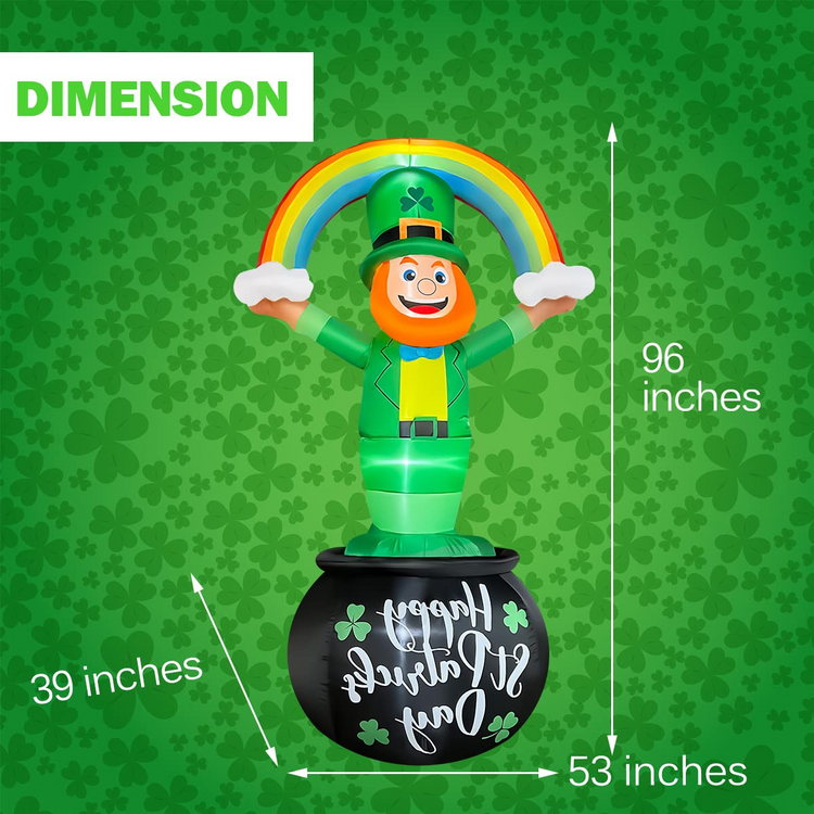 8ft St. Patrick's Day Inflatable Leprechaun Hold Rainbow Sitting on Golden Pot Decoration Blow Up LED Lighted for Indoor Outdoor Holiday Art Decor