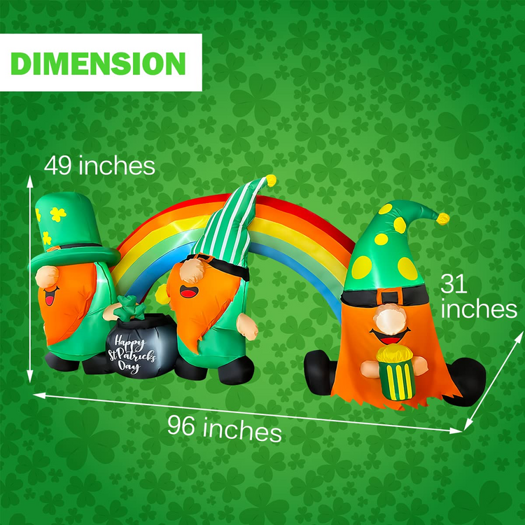 8ft Inflatable St. Patrick's Day 3 Gnomes with Rainbow Decoration, LED Blow Up Lighted Decor Indoor Outdoor Holiday Art Decor Decorations Clearance