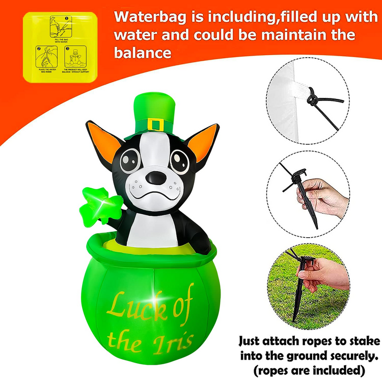 5Ft Inflatable St Patricks Day Bulldog Hold Shamrock Sitting on The Gold Pot Decoration