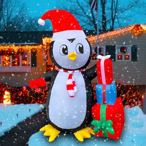 5 Ft LED Light Up Inflatable Christmas Penguin with Gift Boxes Decoration for Yard Lawn Garden Home Party Indoor Outdoor Holiday Xmas Decor