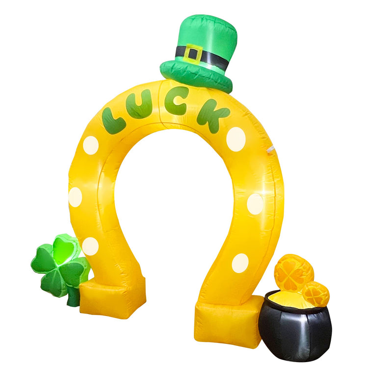 7 Ft Inflatable St. Patrick's Day Lucky Horseshoe Arch Archway with Shamrock and Gold Pot Decoration LED Light Up for Home Yard Lawn Garden Indoor Outdoor