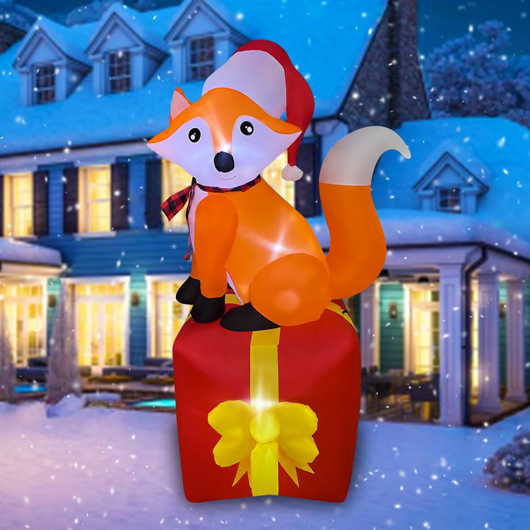 5 FT Christmas Inflatable Fox Standing on The Gift Box Decorations LED Lighted Xmas Blow Up for Party Indoor Outdoor Garden Yard Decor