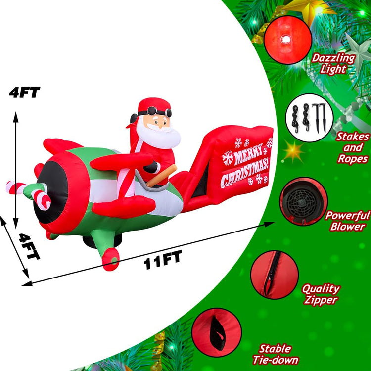 11FT Inflatable Christmas Santa Claus Flying Airplane Decoration Blow Up Built-in LED for Outdoor Indoor Lawn Yard Garden Party Home Holiday