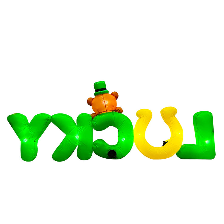 8Ft Inflatable St. Patrick's Day Lucky Letters Bear with Gold Pot Decoration LED Light Up Decor for Home Yard Lawn Garden Indoor Outdoor