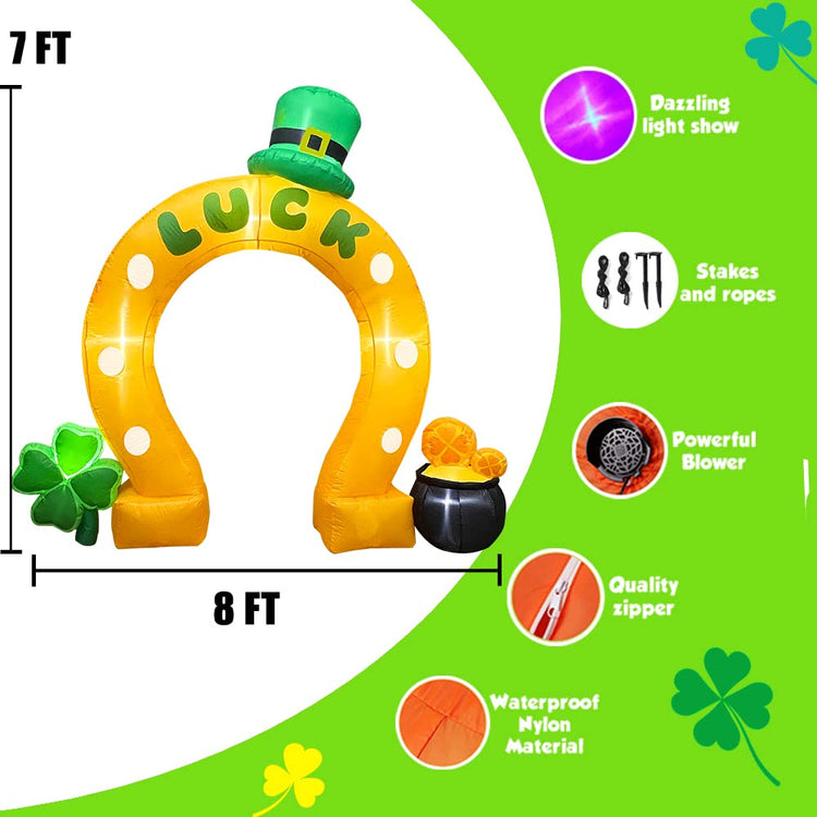 7 Ft Inflatable St. Patrick's Day Lucky Horseshoe Arch Archway with Shamrock and Gold Pot Decoration LED Light Up for Home Yard Lawn Garden Indoor Outdoor