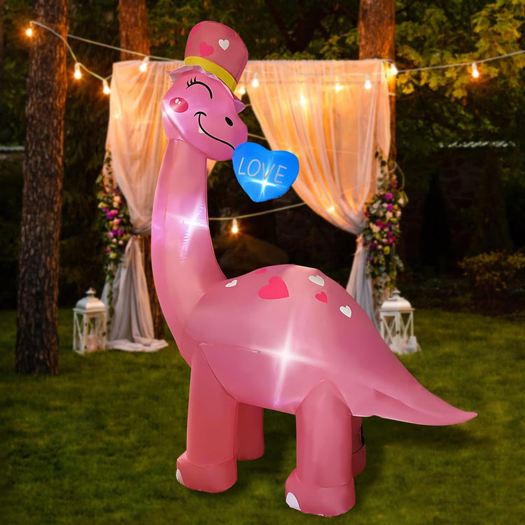 8 Ft Valentine's Day Inflatable Dinosaur Light Up Decoration Blow Up Brachiosaurus for Birthday Wedding Anniversary Party Decor