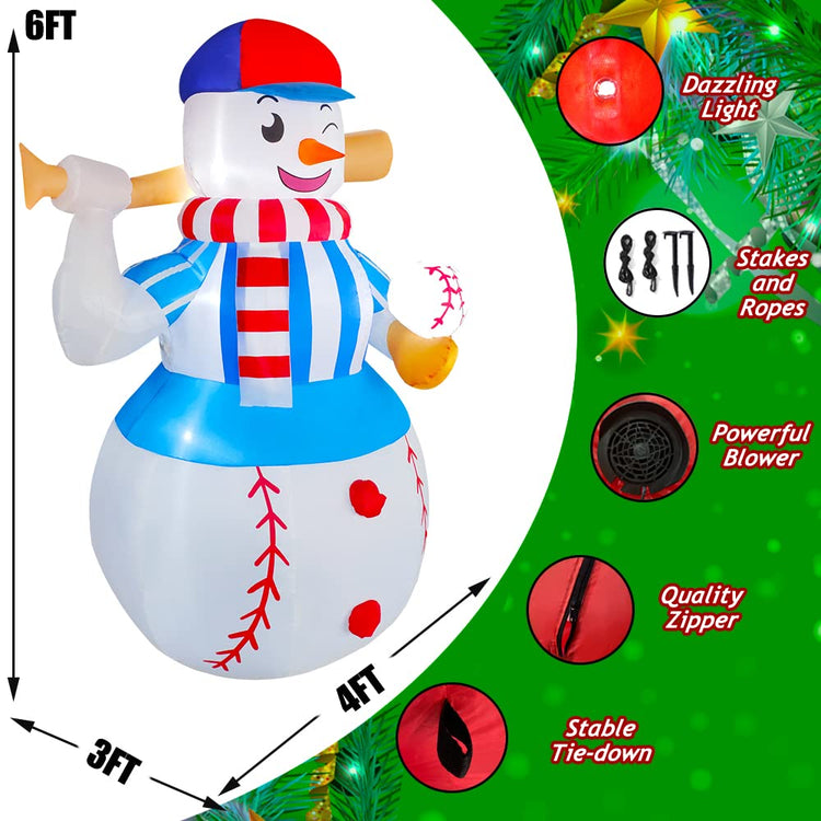 6 FT LED Light Up Inflatable Christmas Baseball Snowman Decoration for Yard Lawn Garden Home Party Indoor Outdoor