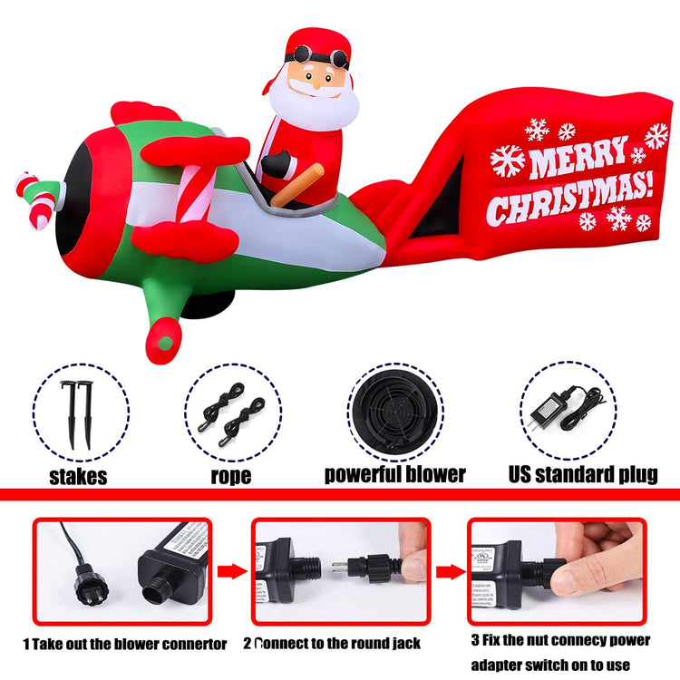 11FT Inflatable Christmas Santa Claus Flying Airplane Decoration Blow Up Built-in LED for Outdoor Indoor Lawn Yard Garden Party Home Holiday