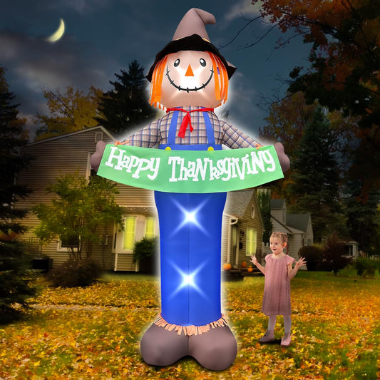 10ft Gaint Inflatable Thanksgiving Scarecrow with Built-in LED Lights Blow Up for Fall Autumn Harvest Indoor Outdoor Front Door Yard Lawn Garden Decor