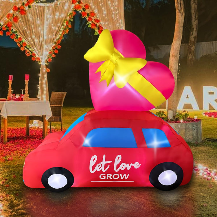 6FT Valentine's Day Inflatable Car with Heart Decoration, Blow Up Love Taxi Lighted for Birthday Wedding Anniversary Party Decor