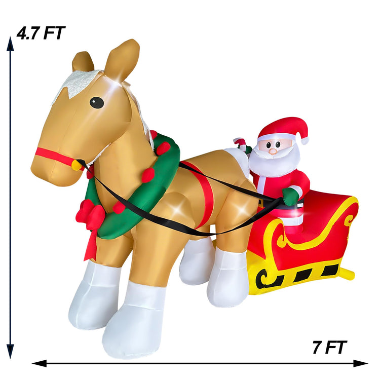 7FT Length Christmas Inflatable Horse Pulling Santa's Sleigh Decorations LED Lighted Xmas Santa Claus Blow Up for Party Indoor Outdoor Garden Yard Decor