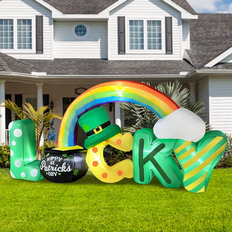 6.5 Foot Long St. Patrick Day Inflatable Lucky Letters with Gold Pot and Rainbow Decoration for Indoor Outdoor Blow Up Lawn Yard Decor