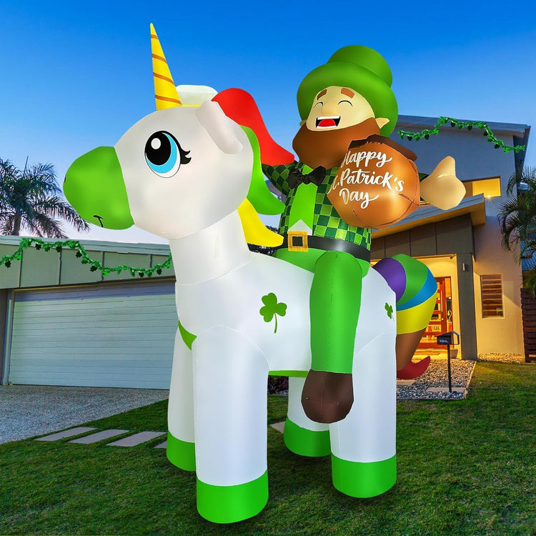 6ft Inflatable St Patricks Day Leprechaun Riding Unicorn Decoration LED Blow Up Lighted Decor Indoor Outdoor Holiday Art Decor