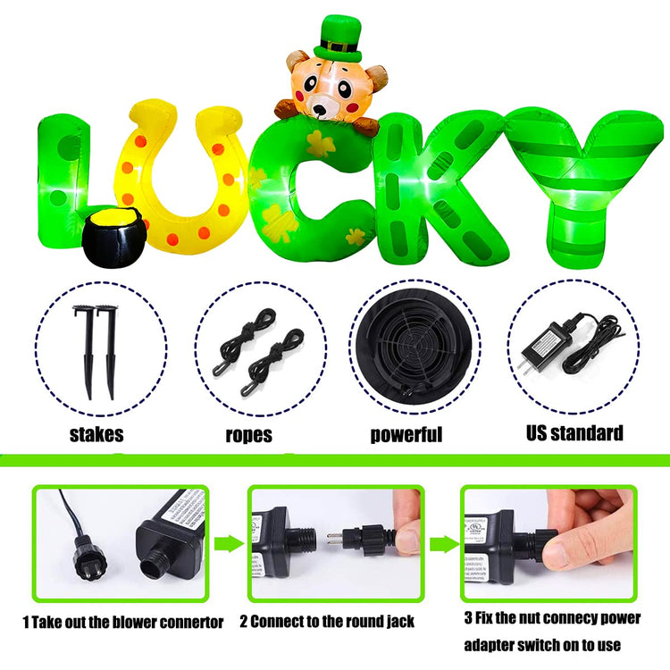 8Ft Inflatable St. Patrick's Day Lucky Letters Bear with Gold Pot Decoration LED Light Up Decor for Home Yard Lawn Garden Indoor Outdoor