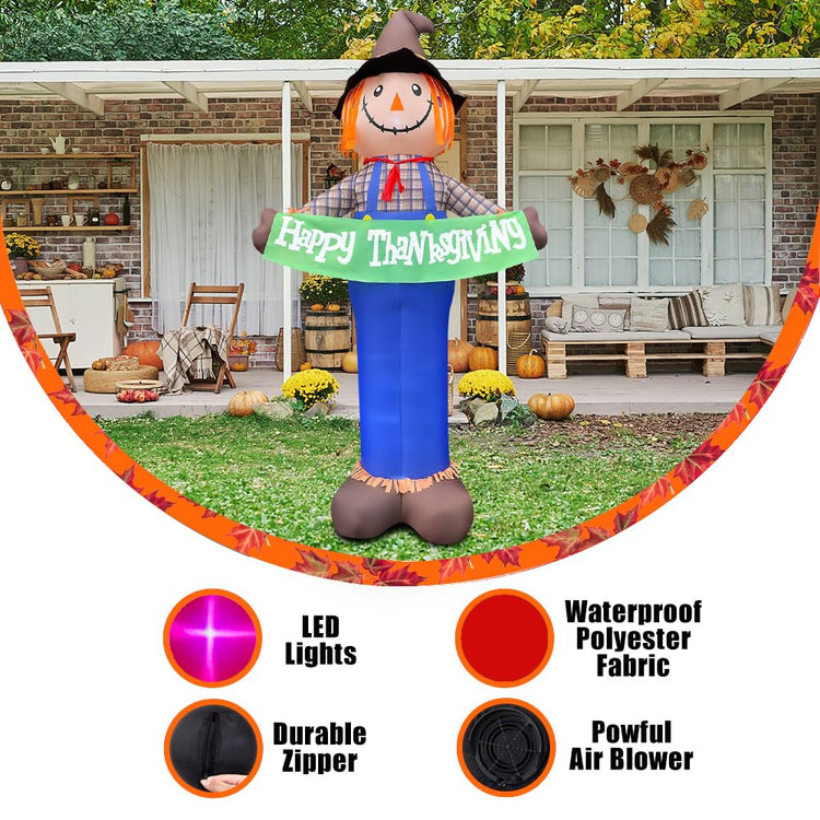 10ft Gaint Inflatable Thanksgiving Scarecrow with Built-in LED Lights Blow Up for Fall Autumn Harvest Indoor Outdoor Front Door Yard Lawn Garden Decor