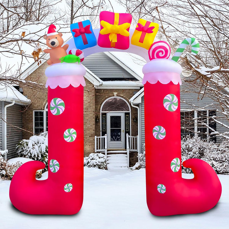 9ft Inflatable Christmas Archway with Gift Box, Bear & Candy Decoration, LED Blow Up Lighted Decor Indoor Outdoor Holiday Art Decor Decorations