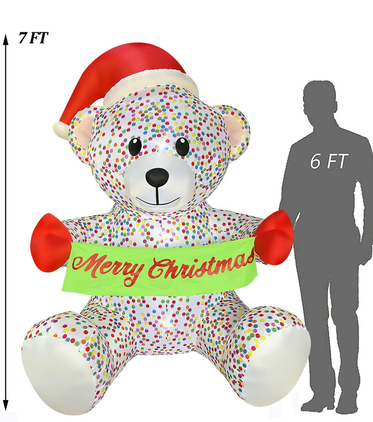7 Ft Christmas Inflatable Teddy Bear with Merry Christmas Banner Build-in LEDs Blow Up Clearance for Holiday Yard Garden Decorations
