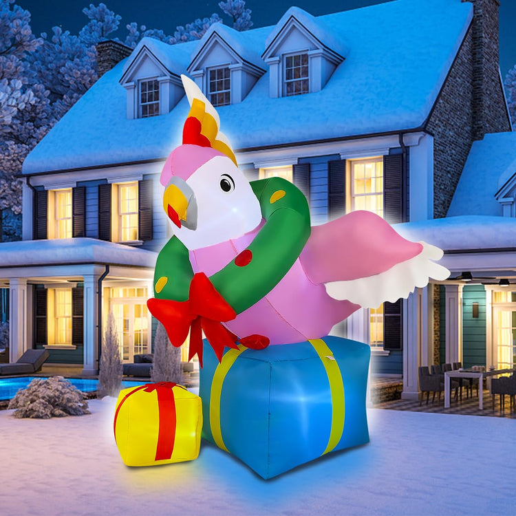 5ft Inflatable Christmas Parrot with Gift Box Decoration, LED Blow Up Lighted Decor Indoor Outdoor Holiday Decor