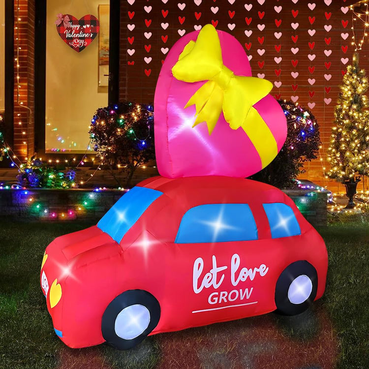 6FT Valentine's Day Inflatable Car with Heart Decoration, Blow Up Love Taxi Lighted for Birthday Wedding Anniversary Party Decor