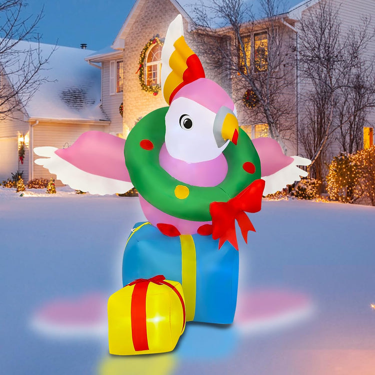 5ft Inflatable Christmas Parrot with Gift Box Decoration, LED Blow Up Lighted Decor Indoor Outdoor Holiday Decor