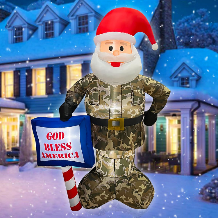 6FT Christmas Inflatable Santa Claus Wearing Camouflage LED Lighted Blow Up Xmas Yard Outdoor Decorations for Garden Home Lawn Party