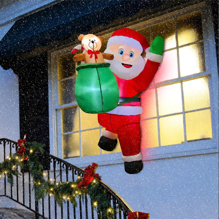 3.4ft Christmas Inflatable Hanging Santa with Gift Bag Decorations, Blow Up Climbing Santa with Build-in LED for Xmas Party, Outdoor, Yard, Garden, Lawn Winter Decoration