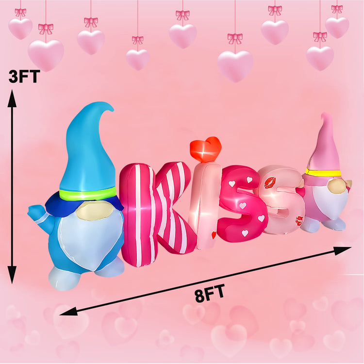 8 Ft Long Valentine's Day Inflatable Kiss Letters with Gnomes Light Up Decoration Blow Up for Birthday Wedding Anniversary Party Decor
