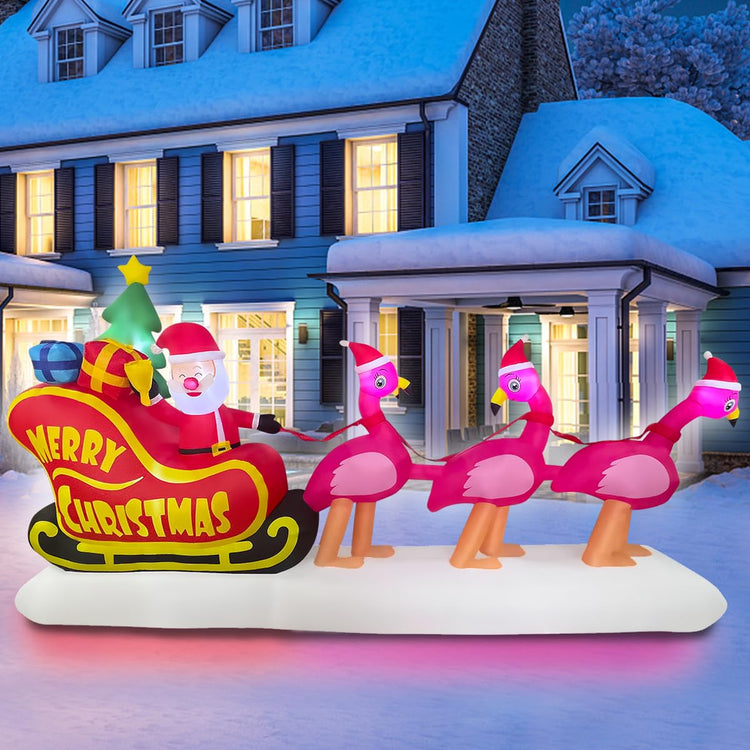10ft Long Inflatable Christmas Flamingo Pull The Sleigh Take Santa Claus Xmas Decoration, LED Blow Up Lighted Decor Indoor Outdoor Holiday Art Decor Decorations