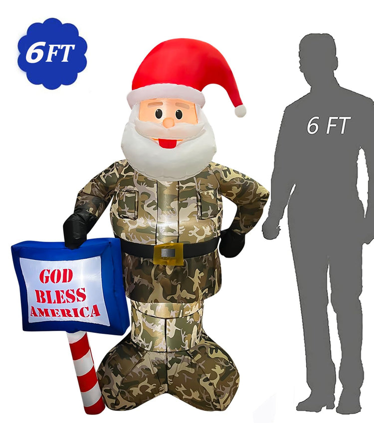 6FT Christmas Inflatable Santa Claus Wearing Camouflage LED Lighted Blow Up Xmas Yard Outdoor Decorations for Garden Home Lawn Party