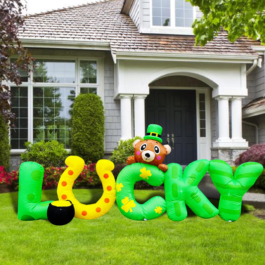 8Ft Inflatable St. Patrick's Day Lucky Letters Bear with Gold Pot Decoration LED Light Up Decor for Home Yard Lawn Garden Indoor Outdoor