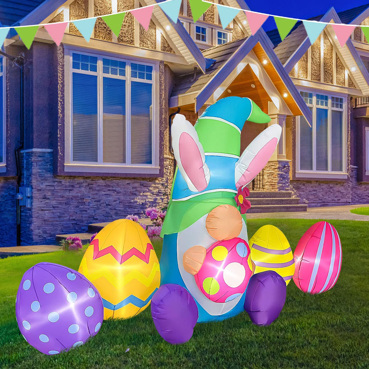 7 Ft Long Easter Inflatables Outdoor Decorations, Inflatable Easter Bunny Gnome with Eggs, LED Light Up Easter Blow up Yard Decorations