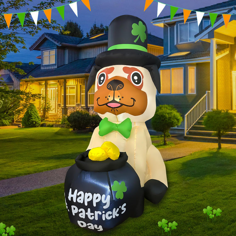 4FT St. Patrick's Day Inflatable Bulldog with Gold Coin Pot Decoration Blow Up Shar Pei Dog LED Lighted for Indoor Outdoor Holiday Art Decor