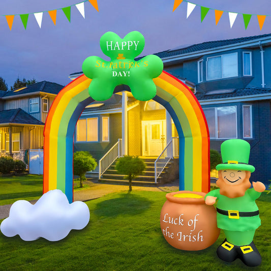 8 FT St Patricks Day Inflatable Rainbow Archway with Pot Decoration Blow Up Leprechaun LED Lighted for Indoor Outdoor Holiday Art Decor