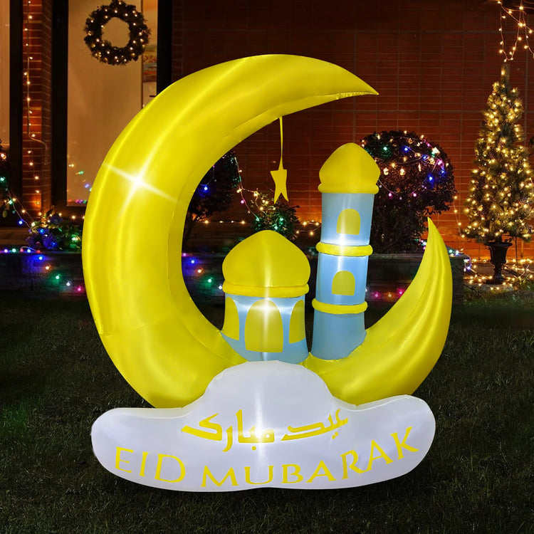 5FT Inflatable Muslim/Islamic Ramadan Moon Castle LED Lighted Blow Up Eid Mubarak Sign Decoration for Celebrate Fasting, Introspection, and Prayer