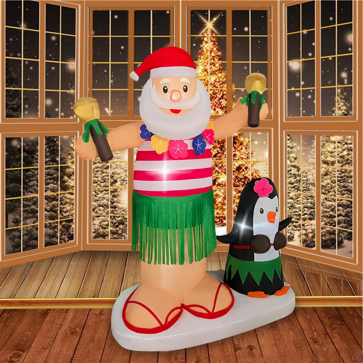 6 Ft Inflatable Hawaiian Hula Santa with Penguin,Inflatable Decoration Dancing Santa Claus,Built-in Led Lights & Shaking Device,Christmas Blow up Indoor Outdoor Yard
