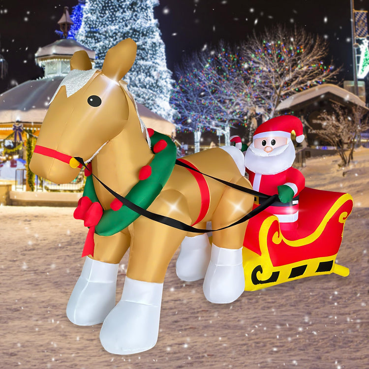 7FT Length Christmas Inflatable Horse Pulling Santa's Sleigh Decorations LED Lighted Xmas Santa Claus Blow Up for Party Indoor Outdoor Garden Yard Decor
