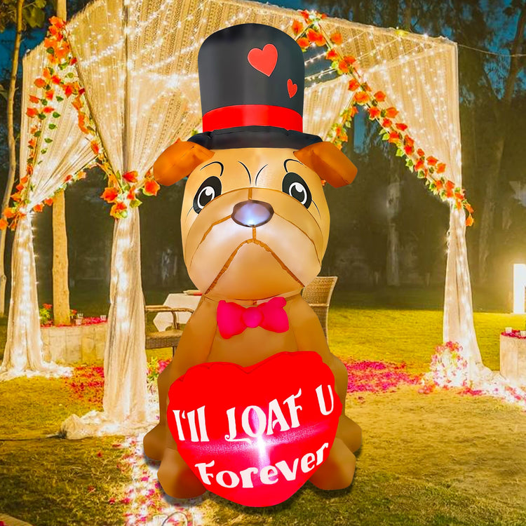 4 Ft Valentine's Day Inflatable Bulldog with Heart Light Up Decoration Blow Up Shar Pei Dog for Birthday Wedding Anniversary Party Decor