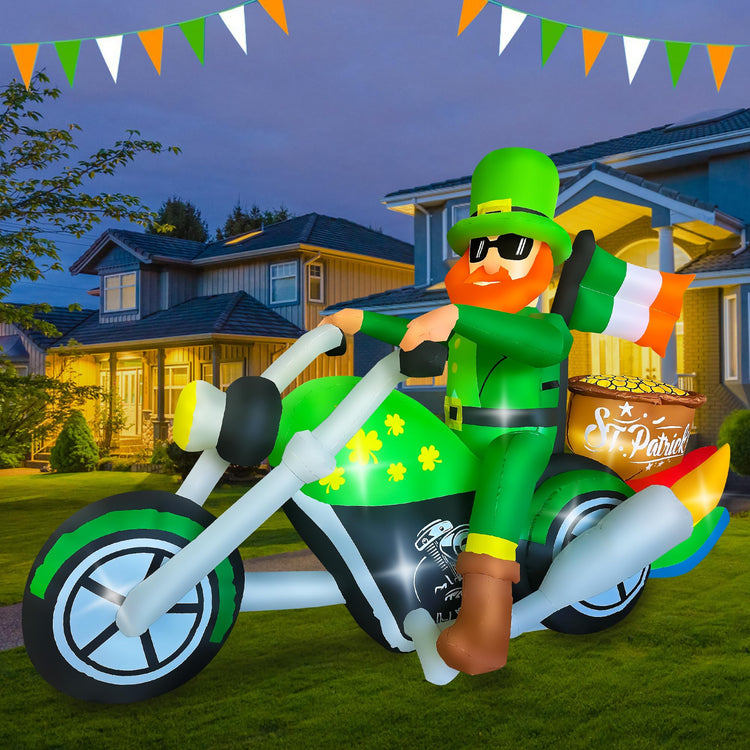 7ft St. Patrick's Day Inflatable Leprechaun on Motorcycle with Golden Pot Decoration Blow Up LED Lighted for Indoor Outdoor Holiday Art Decor
