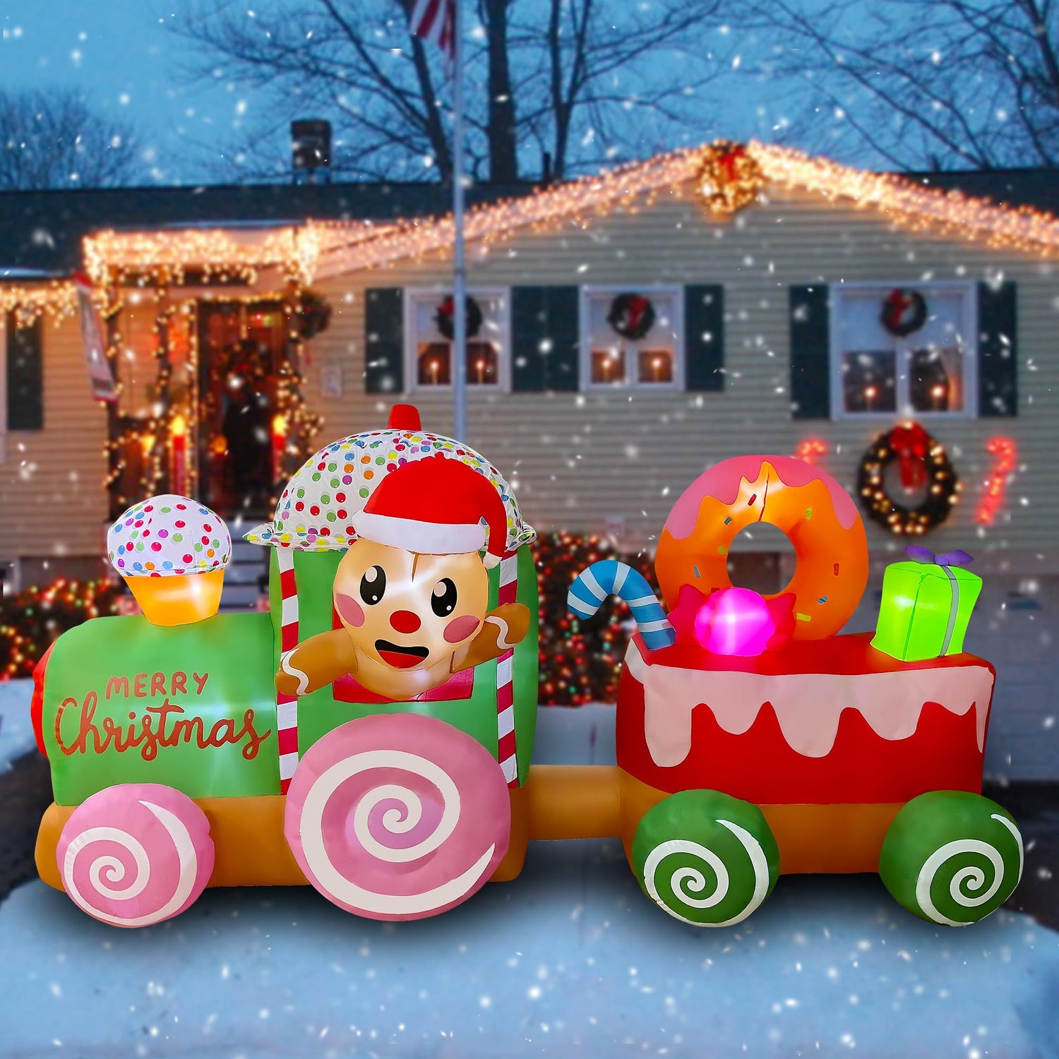 8 Ft Length Inflatable Christmas Train with Gingerbread Man Decoration ...