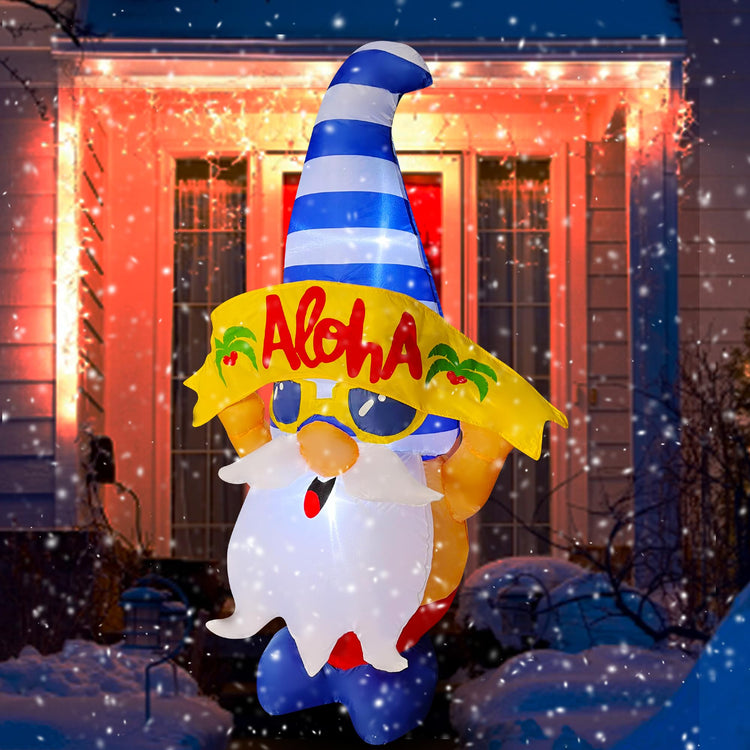 4 FT Inflatable Christmas Hawaiian Gnome with Banner Decoration LED Light Up for Xmas Yard Lawn Garden Home Party Indoor Outdoor