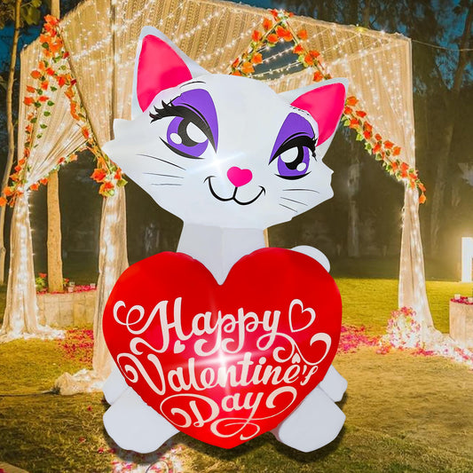 4 Ft Valentine's Day Inflatable Cat with Love Heart Light Up Decoration Blow Up for Birthday Wedding Anniversary Party Decor