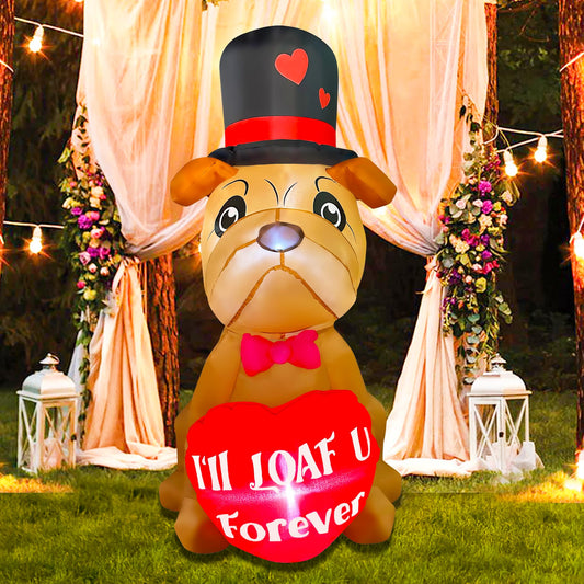 4 Ft Valentine's Day Inflatable Bulldog with Heart Light Up Decoration Blow Up Shar Pei Dog for Birthday Wedding Anniversary Party Decor