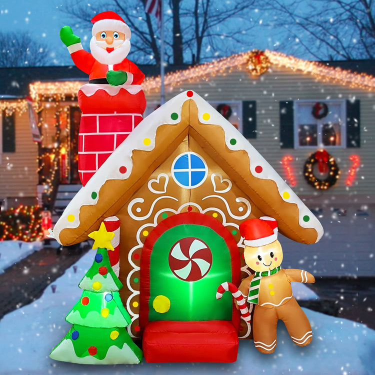 7 FT Christmas Inflatables Santa Claus Gingerbread House with Tree Decoration Blow Up Built-in LED for Holiday Lawn Yard Garden Home Indoor Outdoor