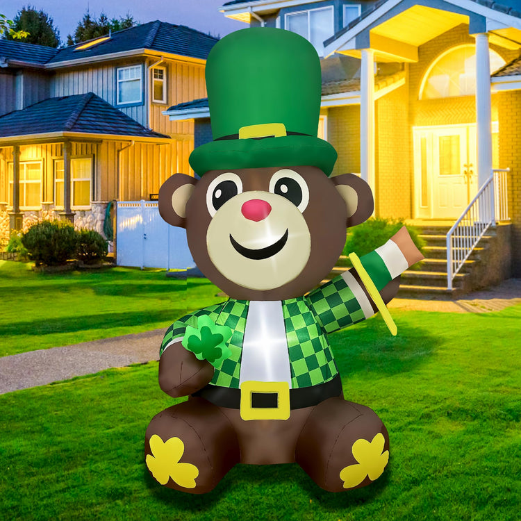4Ft Inflatable St Patricks Day Bear Decoration LED Light Up Blow up for Home Yard Lawn Garden Indoor Outdoor Party Holiday Decor