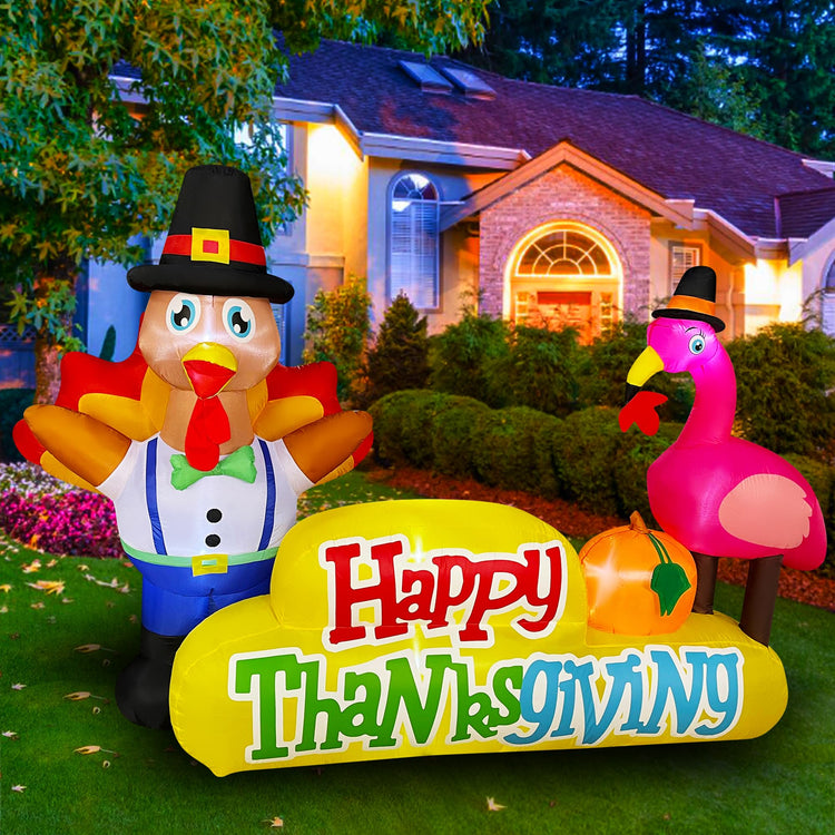 8Ft Thanksgiving Inflatable Turkey Flamingo with Happy Thanksgiving Banner Sign Decoration with LED Lights Blow Ups Xmas Yard Garden Lawn Outdoor Indoor Holiday Party Decor