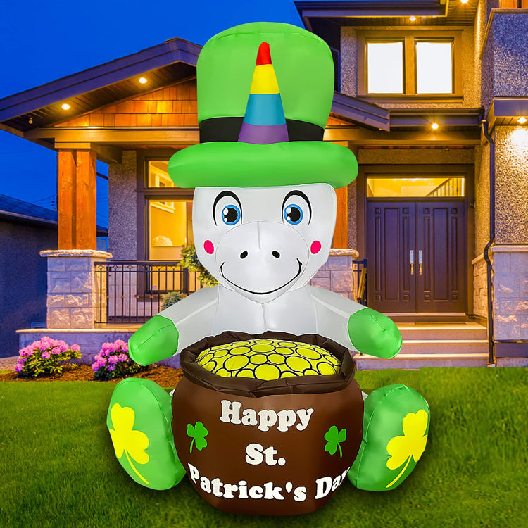 4 Ft LED Inflatable St. Patrick's Day Unicorn Decoration with Gold Coin Pot for Home Yard Lawn Garden Indoor Outdoor