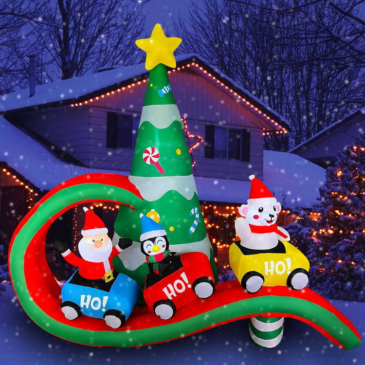 7 FT Christmas Inflatable Roller Coaster with Santa Claus Penguin and Bear Xmas Tree Decoration Blow up LED Lighted Decor for Yard Lawn Garden Home Party Indoor Outdoor