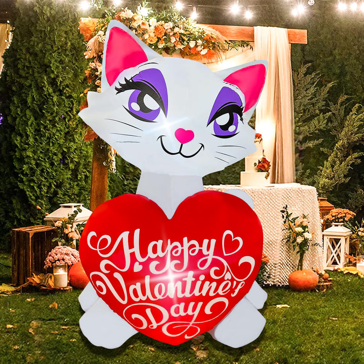 4 Ft Valentine's Day Inflatable Cat with Love Heart Light Up Decoration Blow Up for Birthday Wedding Anniversary Party Decor