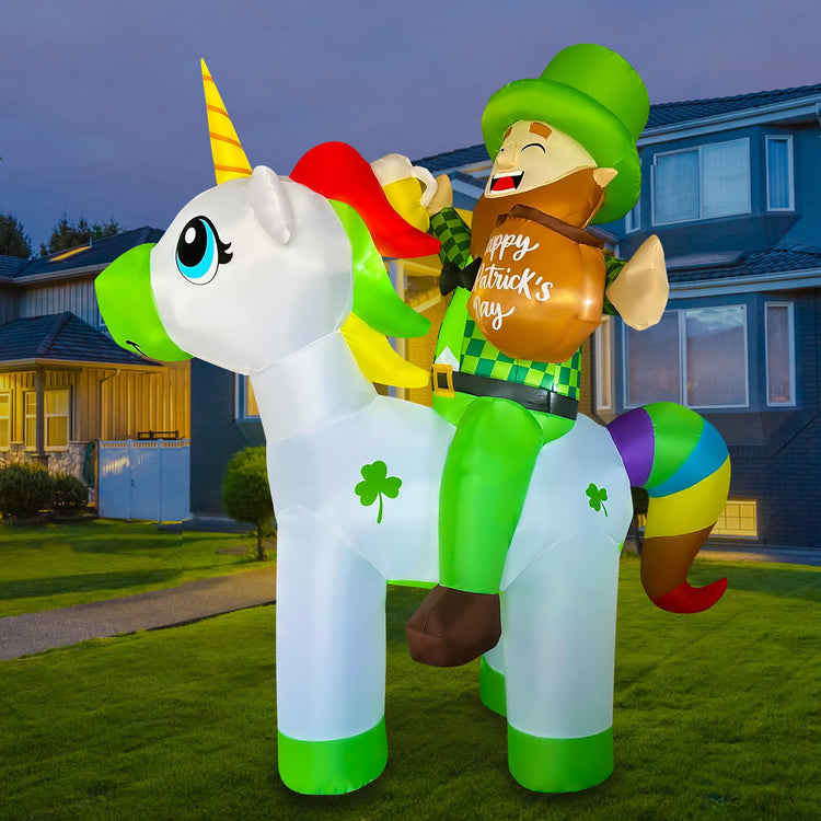 6ft Inflatable St Patricks Day Leprechaun Riding Unicorn Decoration LED Blow Up Lighted Decor Indoor Outdoor Holiday Art Decor